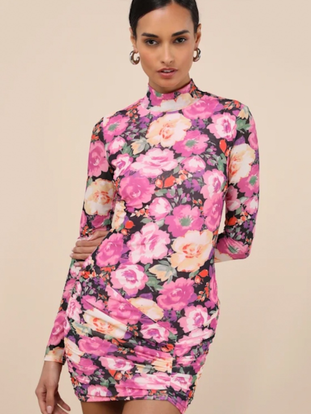 Lulu's - Prettiest Energy Multi Floral Mesh Long Sleeve mini Dress Purple Black - Picture 3 of 4